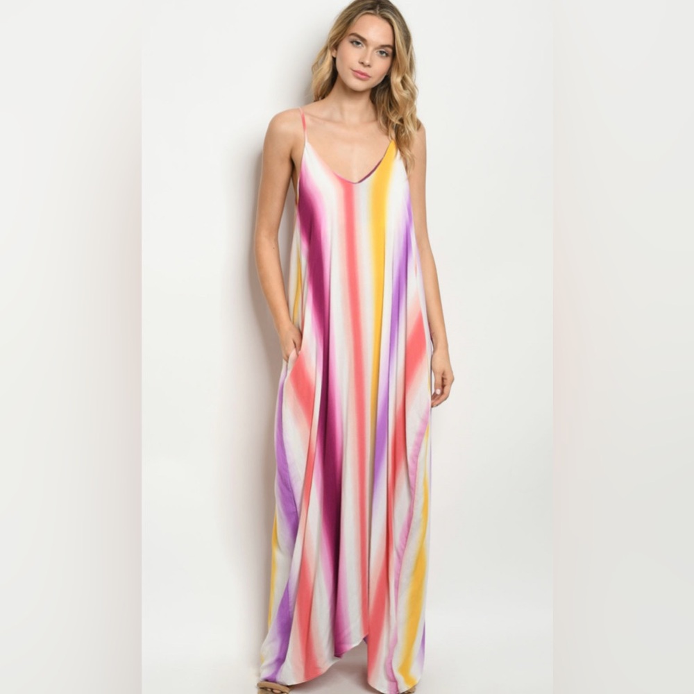 Rainbow color striped maxi dress with pockets - Picture 2 of 6